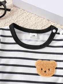SHEIN 新生儿短袖套装，黑白条纹男婴T恤两件套，婴儿小熊刺绣夏季新品 - 黑色 - 查看 5