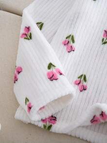 女孩花卉印花柔軟舒適毛絨睡衣套裝 - 白色 - 查看 7