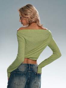 TRNVIE 复古露肩长袖金属孔眼修身女式T恤，春秋季 - 綠色 - 查看 2