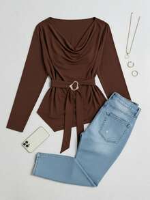 Feyla Plus Size Solid Color Minimalist Scoop Neck Long Sleeve T-Shirt - Coffee Brown - View 2