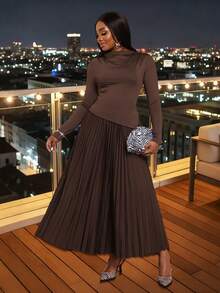 Xyvia Women's Dark Brown A-Line Pleated Flared Skirt & Fitted Irregular Hem Long Sleeve Top Set, Sophisticated Elegant Outfit For Birthday, Date, Party, Formal Occasion - Brown - View 1