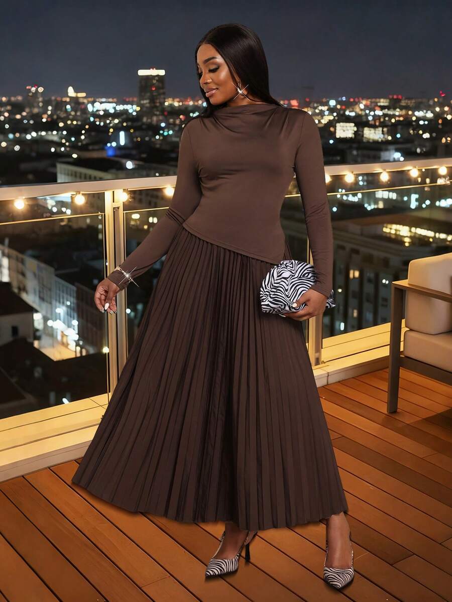 Xyvia Women's Dark Brown A-Line Pleated Flared Skirt & Fitted Irregular Hem Long Sleeve Top Set, Sophisticated Elegant Outfit For Birthday, Date, Party, Formal Occasion - Brown - View 1