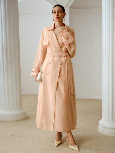 ZEYLAH Women's Double-Breasted Lightweight Semi-Sheer Long Windbreaker Jacket, Spring/Summer