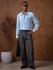 AKNOTIC 男士天蓝色休闲时尚衬衫，舒适百搭，适合聚会和派对等场合。 - 藍色 - 查看 4