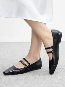 CUCCOO BIZCHIC 女士方头搭扣设计休闲日常百搭平底鞋 - 黑色 - 查看 3