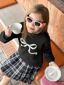 2pcs/Set Girls Casual Crew Neck Long Sleeve Bow Sweatshirt And Plaid Pleated Skirt Outfit, Suitable For Autumn/Winter Outdoor - Black - View 1