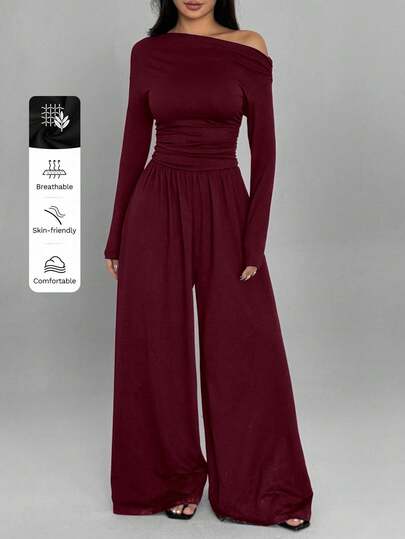 FavEase Mono casual de mujer con pierna recta y plisada, holgado, con hombro oblicuo y manga larga, adecuado para primavera y otoño