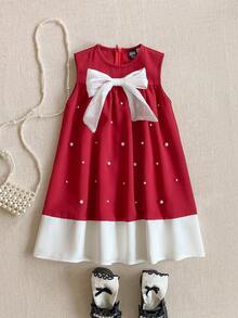 PrepCrw 1pc Young Girls Elegant Urban School Style Bow & Pearl Decor Crew Neck Sleeveless Knit Christmas Red Dress, Suitable For Outings, Gatherings, Holidays, Parties, Autumn, Winter, Spring, Summer, Valentine's Day Strawberry Dresses For Girls Bow Dress For Girls Girls Sleeveless Aline Casual Dress Girls Dress With Pearls Christmas Dress For Girls Valentine's Day Girls Dress Red White