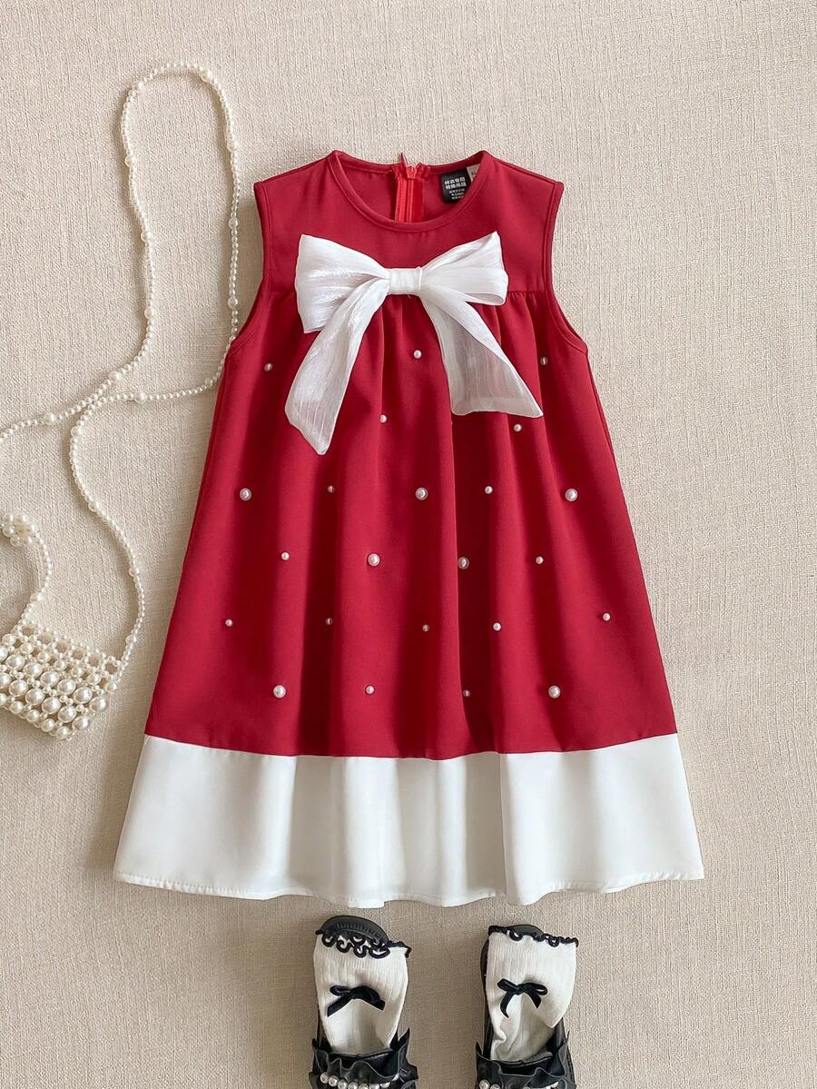 PrepCrw 1pc Young Girls Elegant Urban School Style Bow & Pearl Decor Crew Neck Sleeveless Knit Christmas Red Dress, Suitable For Outings, Gatherings, Holidays, Parties, Autumn, Winter, Spring, Summer, Valentine's Day Strawberry Dresses For Girls Bow Dress For Girls Girls Sleeveless Aline Casual Dress Girls Dress With Pearls Christmas Dress For Girls Valentine's Day Girls Dress Red White