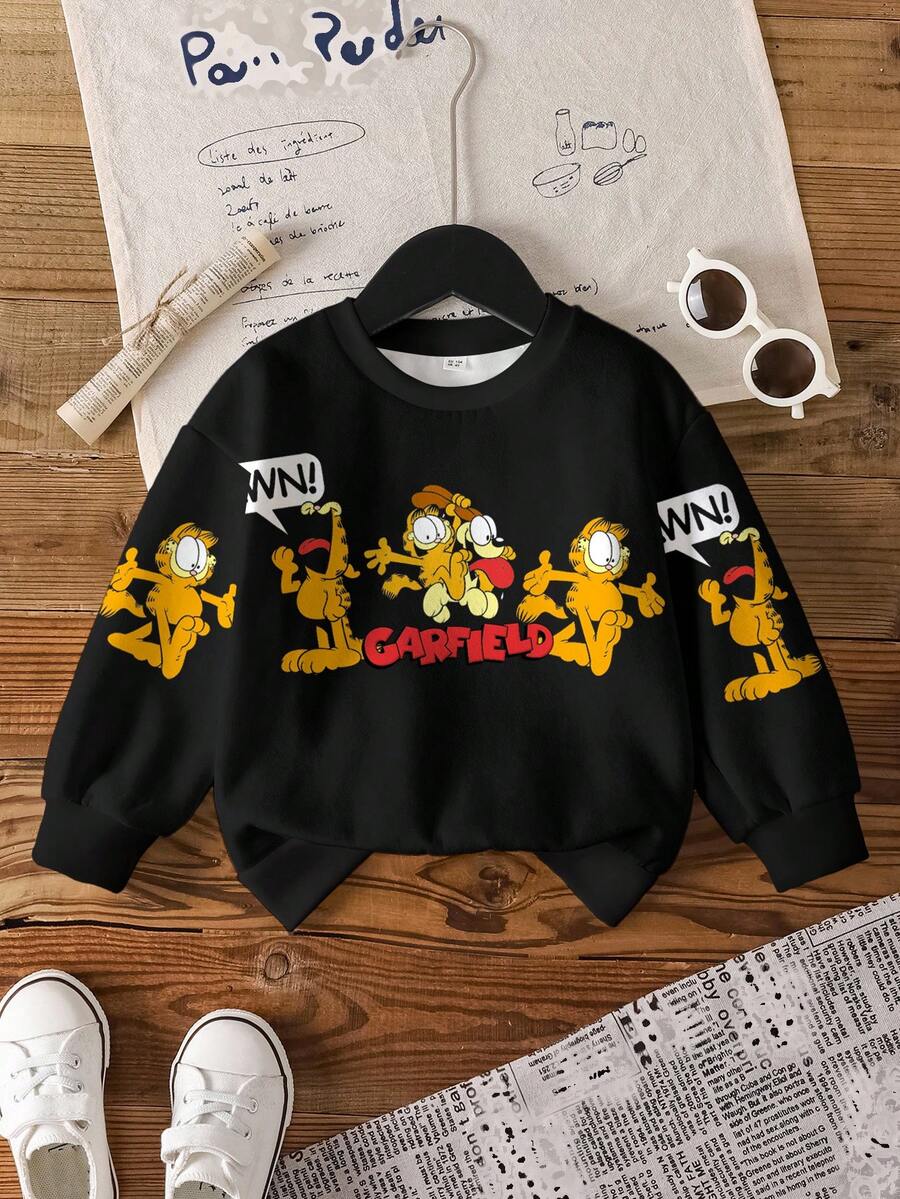 GARFIELD | SHEIN Young Boy Casual Letter & Cat Print Crew Neck Sweatshirt, Autumn - White - View 1