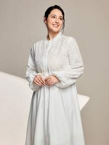 Momelise Đầm suông cổ chữ V hở vai tay dài thanh lịch cho nữ cỡ lớn - trắng - Xem 5