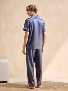 EverLounge Men's Contrast Trim Button Front Short Sleeve Top And Pants Pajama Set - Light Grey - View 2