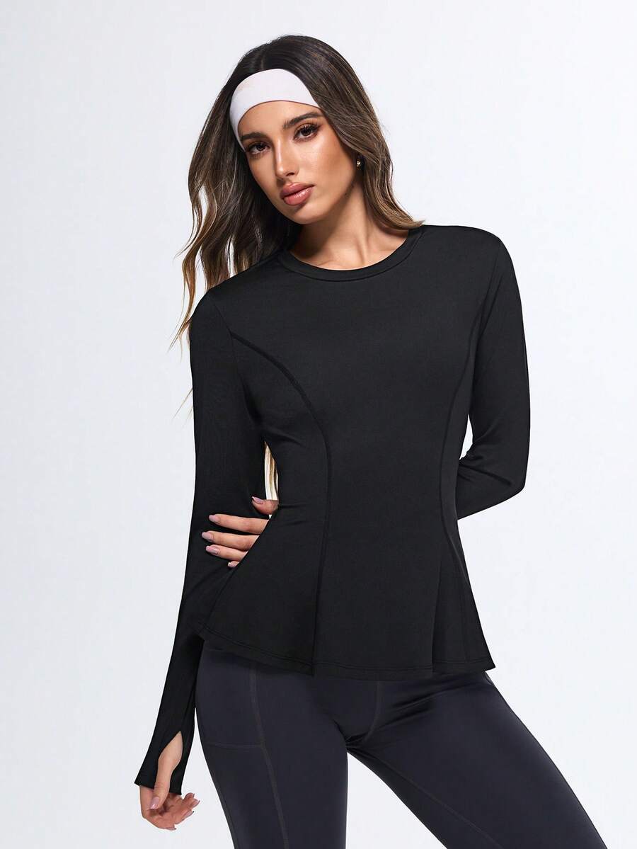 Eassivo Eassivo Sport Casual Solid Color Long Sleeve Sports T-Shirt With Ruffled Hem - A Blend Of Fashion And Sport, Women's Gym Shirt - Black - View 1