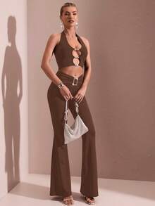 SHEIN BAE Quần ống loe vuông đính đá xếp ly thanh lịch dành cho nữ, phù hợp đi làm, đi chơi, dự tiệc, màu trơn tối giản - màu nâu - Xem 3