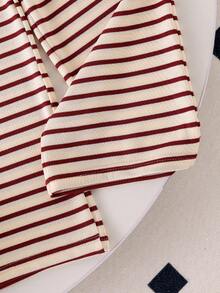 Genkimix Kids 2pcs Girls Striped Collar Long Sleeve Knit Top And Pants Set, Fashionable Children Casual Loungewear Outfit, Suitable For Early Autumn