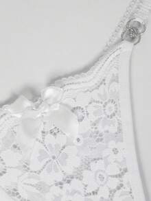 Crystal Vow Floral Lace Rhinestone Bow Front G-String Sexy Lingerie Bow Tie - White - View 8