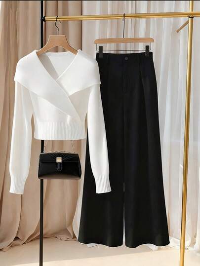 Franclia French High-End White Oversized Collar Knitted Autumn Outerwear, Women's Retro Elegant Jacquard Pleated Wide-Leg Pants, Autumn And Winter Women's Clothing, Unique Shawl Knitted Autumn And Winter Matching, Autumn And Winter Inner Elastic Base Shirt T-Shirt, Winter Pullover Outerwear, Knitted Sweater, White T-Shirt, Women's T-Shirt, Women's Spring And Autumn Clothing, Women's Spring Matching, Two-Piece Women's Suit, Elegant Women's Suit, Spring And Autumn Suit