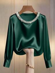 Franclia Women's Elegant Round Neck Pearl Embellished Long Sleeve T-Shirt, Suitable For Commuting