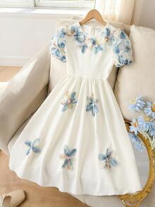 Đầm công chúa cổ tròn tay ngắn, thanh lịch, dễ thương, thoải mái cho bé gái, thích hợp mặc hàng ngày, mùa xuân/hè - trắng - Xem 3