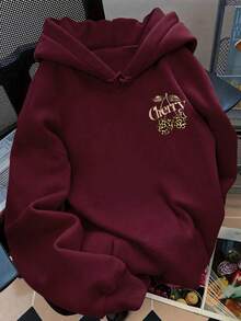 Resyla Women's Hooded Letter, Leopard Print, Cherry Pattern Casual Versatile Long Sleeve Sweatshirt, Autumn/Winter - Burgundy - View 2