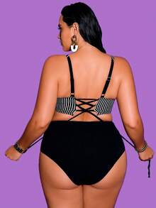 Shapewave Plus Size 2pcs Nylon Ribbed Fabric Crisscross Front Crop Top And High Waist Triangle Bottoms Casual Swimwear Set - Multicolor - View 2