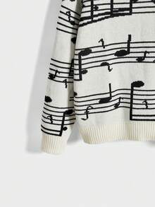 ROMWE MEN Street Life Men's Casual Drop Shoulder Crew Neck Musical Note Jacquard Knit Sweater - Black and White - View 4