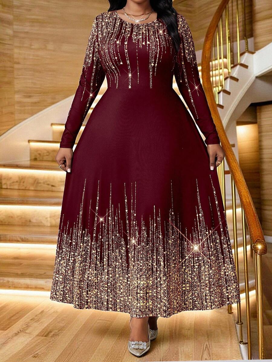 SHEIN Lady 春夏优雅派对婚礼鸡尾酒会音乐会/节日针织圆领喇叭长袖加大码连衣裙 - 酒紅色 - 查看 1