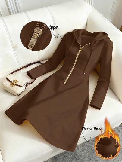 GlowEve CURVE Women's Knitted Gold Zipper Decor Hooded Sweatshirt Dress, French Casual Everyday Commute Fashion French Elegant Street Vintage Versatile Holiday Business Cream Beige/Ivory Long Sleeve Dress, Autumn/Winter