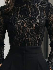 EMERY ROSE Women's Fashionable Elegant High Neck Lace Long Sleeve T-Shirt