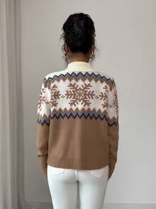 SHEIN Elenzya Sweater Wanita Elegan, Motif Fair Isle, Sweater Resleting Kombinasi Warna, Motif Natal, Sweater Musim Gugur/Musim Dingin - Khaki - View 2