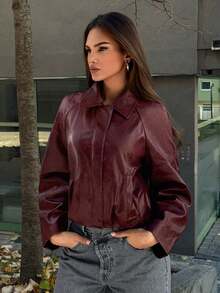 SHEIN TRNDY Women's Retro Lapel PU Leather Jacket, Casual Commuter Coat For Autumn/Winter - Burgundy - View 5