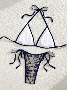 Bonvoyette Bộ bikini hai mảnh màu sâm panh trơn cao cấp thêu sequin lấp lánh, kiểu dáng thời thượng, thích hợp cho các buổi tiệc trà chiều, nâng đỡ tốt, kiểu dáng cắt cao, buộc dây bên hông, dành cho nữ, màu xanh navy, bộ bikini phong cách boho, bikini đính hạt, gợi cảm. - Màu xanh hải quân - Xem 3