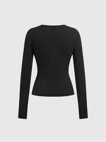 ROMWE Grunge Punk Y2K Sexy Lace-Up Fitted Women T-Shirt - Black - View 2