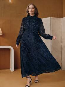 Anewsta Valentine Plus Size Navy Blue Flocked Burnout A-Line Dress - Navy Blue - View 5