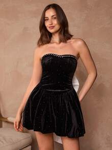 Enchnt Váy mini thắt nơ màu tương phản không tay thanh lịch - màu đen - Xem 5