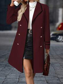 SHEIN Clasi Women's Casual Daily Oversized Lapel Contrast Trim Double-Breasted Wool Blend Coat, Autumn/Winter - Burgundy - View 8