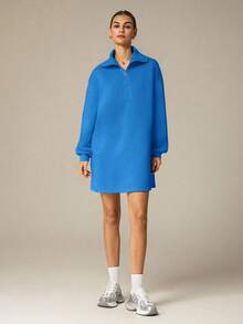 Hanevo Autumn/Winter New Casual Street Minimalist Commute Lazy Back To School High Collar Zipper Half-Open Hem Pullover Long Sleeve H-Shaped Loose Sweatshirt & Women Shorts Dress Set