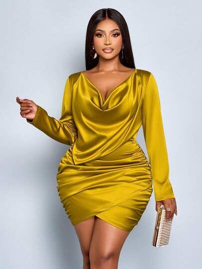 SOLERSUN Plus Size Women's Elegant Solid Color Long Sleeve Draped Collar Backless Ruched Satin Party Bodycon Short Dress,Ginger Satin Shiny Dress With A Swinging Collar, Stacked Collar, Waist Bag, Hips, Asymmetrical Hem, And Pleats,Party Dress,Wedding Guest Dress,Graduation Dress,Halloween,Christmas,New Yaer Look