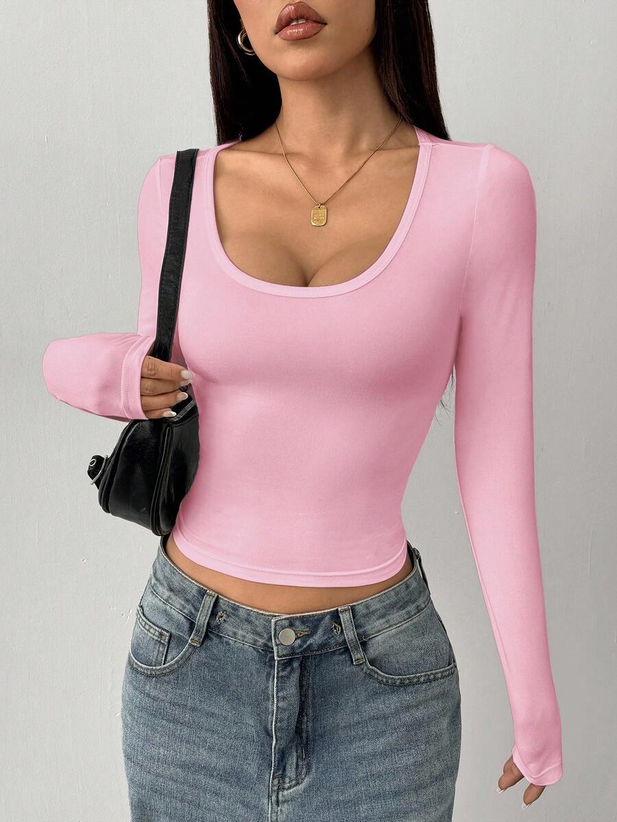 SHEIN PETITE Áo thun nữ tay dài cổ tròn bó sát màu hồng tối giản, thoải mái, phù hợp cho mùa hè và thu đông - Hồng - Xem 1