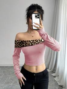 Rafferiza Sexy Off-Shoulder Contrast Leopard Print Tee For Women Graphic Cheetah Print Tees Women Tops - Dusty Pink - View 5