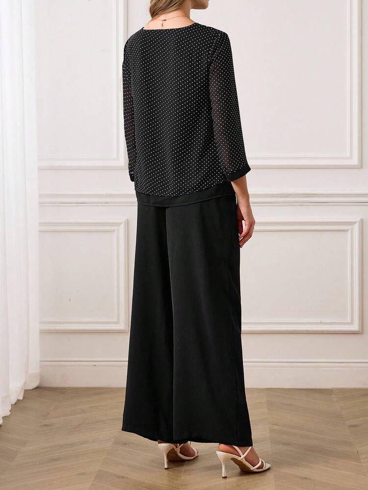 This Elegant Two-Piece Set For Women Features A Classic Black Background With White Polka Dots, Exuding A Retro Yet Fashionable Vibe That Perfectly Complements The Sophisticated Atmosphere Of The New Year. The Set Includes A Polka Dot Chiffon Top And Black Wide-Leg Pants, Offering A Comfortable And Flattering Silhouette. The Classic Black Base Is Accented With Polka Dots For A Brighter Look. Suitable For Spring And Autumn, This Set Can Be Accessorized With Various Accessories To Create A Festive Look For The New Year. Perfect For Both Work Commutes And Casual Gatherings, This Set Allows You To Project A Polished And Stylish Image At Work Or Stand Out At Small Dinner Parties With Its Retro Polka Dot Style. It's A Versatile Piece That Combines Practicality And Style In Your New Year's Wardrobe.