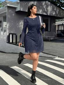 SHEIN EZwear 海军蓝喇叭袖亮片网纱大码女式连衣裙 - 藏蓝色 - 查看 6
