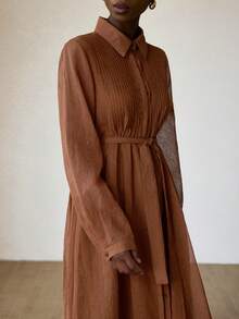 Aveloria Modichic Pleated Front Casual Chic Versatile Slim Fit French Style Long Dress - Brown - View 4