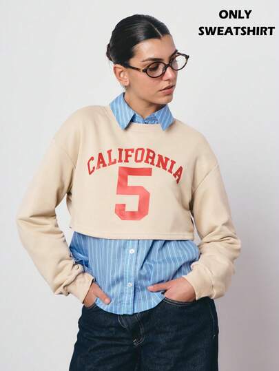 SURIMA Casual Creamy Yellow Minimalist Printed Pattern Crew Neck Long Sleeve Loose Cropped Women Sweatshirt