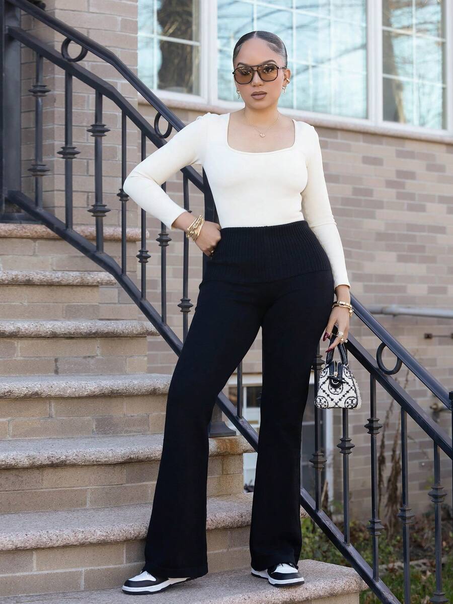 Melissa Matos Ensemble pantalon maxi évasé et pull avec taille serrée noire pour jeunes femmes, convient pour le travail, la maison et les sorties - Noir - Voir 1
