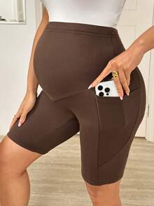 SHEIN 孕妇休闲纯色舒适弹力打底裤，夏季，春季女装，春假孕妇骑行短裤，棕色孕妇短裤 - 棕色 - 查看 5