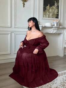 Lyrianda 新款优雅雪纺纹理波点蝴蝶结装饰胸罩杯长袖A字连衣裙，收腰修身荷叶边连衣裙 - 酒紅色 - 查看 7