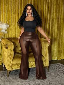 Slaydiva Autumn/Winter New Elegant & Party & Streetwear & Casual & Date & Music Festival & Y2K Sexy Fitted Solid Black Sheer Mesh Patchwork Flare Pants, Plus Size - G - Brown - View 7