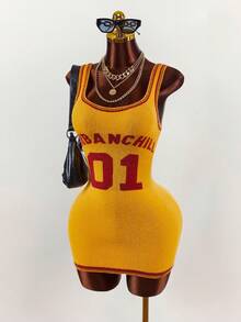 Amplova Váy ôm sát mini họa tiết số màu tương phản, cổ tròn, trang phục thường ngày dạo phố - Nhiều màu - Xem 3