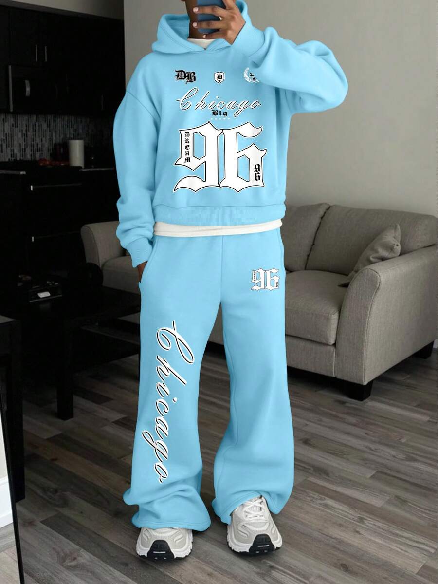 STEELVANCE Bộ 2 quần nỉ và áo hoodie in khẩu hiệu Chicago dành cho nam, trang phục mùa thu - Màu xanh nhạt - Xem 1